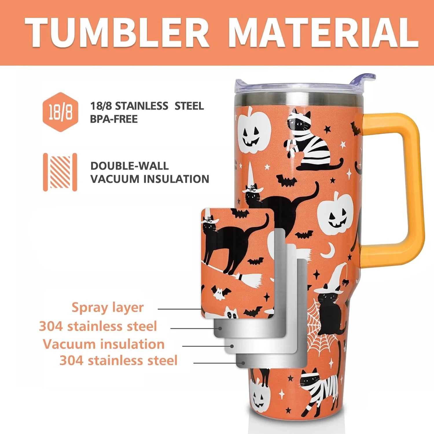 Halloween Cat 40 Oz Tumbler with Handle and Straw, Cute Black Cats Stainless Steel Double Walled Vacuum Insulated Cup, Spooky Holiday Gifts for Women Men