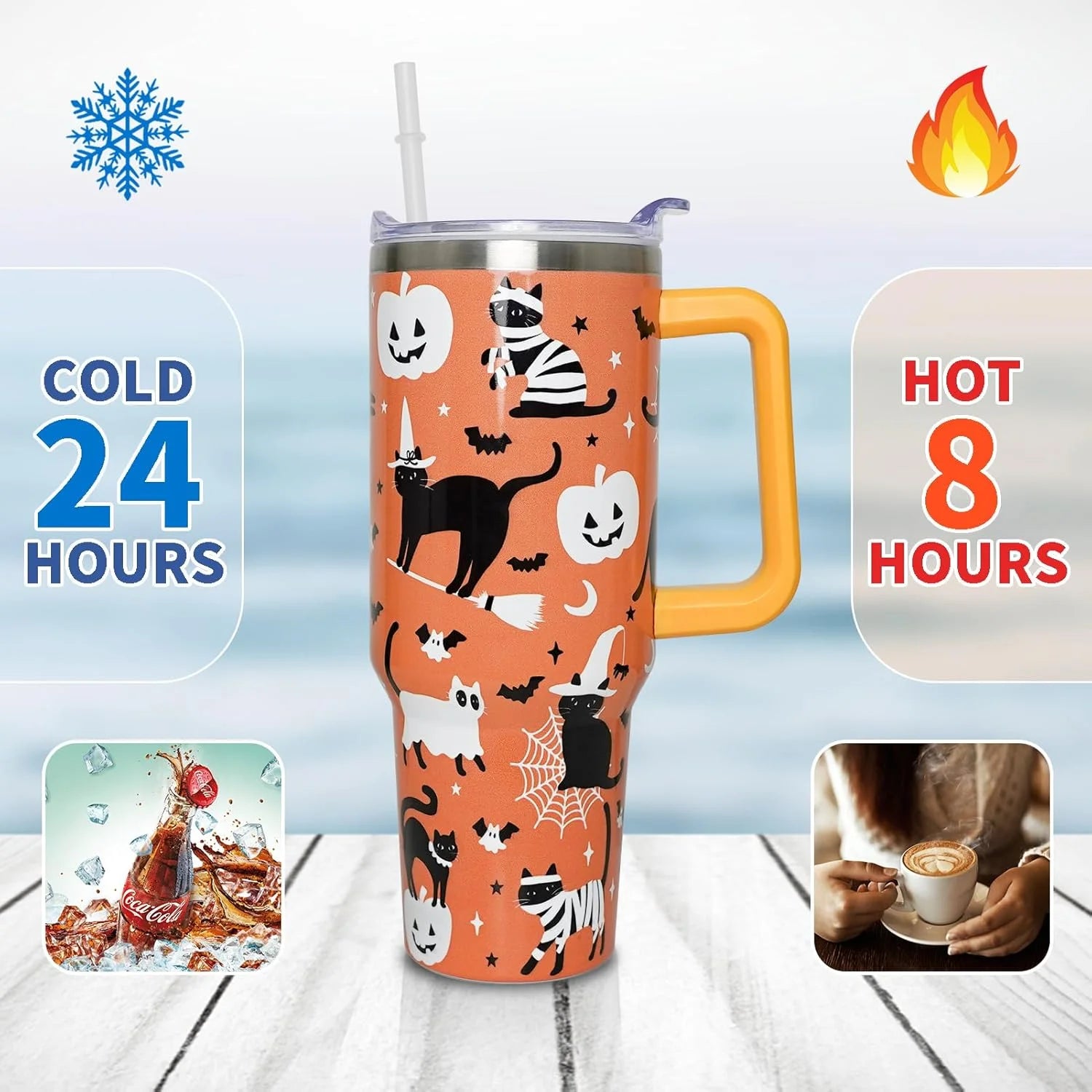 Halloween Cat 40 Oz Tumbler with Handle and Straw, Cute Black Cats Stainless Steel Double Walled Vacuum Insulated Cup, Spooky Holiday Gifts for Women Men