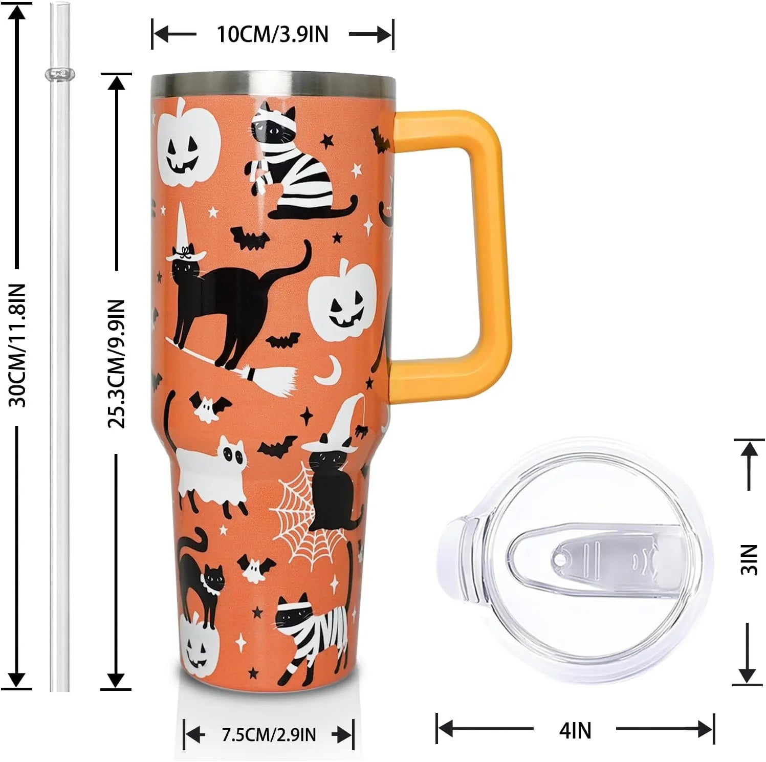 Halloween Cat 40 Oz Tumbler with Handle and Straw, Cute Black Cats Stainless Steel Double Walled Vacuum Insulated Cup, Spooky Holiday Gifts for Women Men