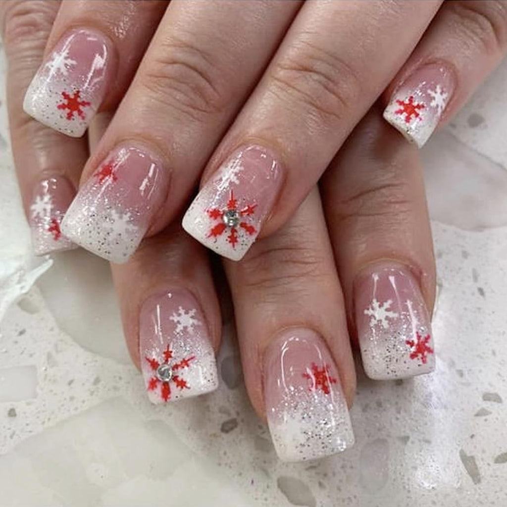 Festive 24Pcs Christmas Press-On Nails Set - Short Square Red & White Snowflake Design with Rhinestones, Glitter French Tips, and Winter Acrylics