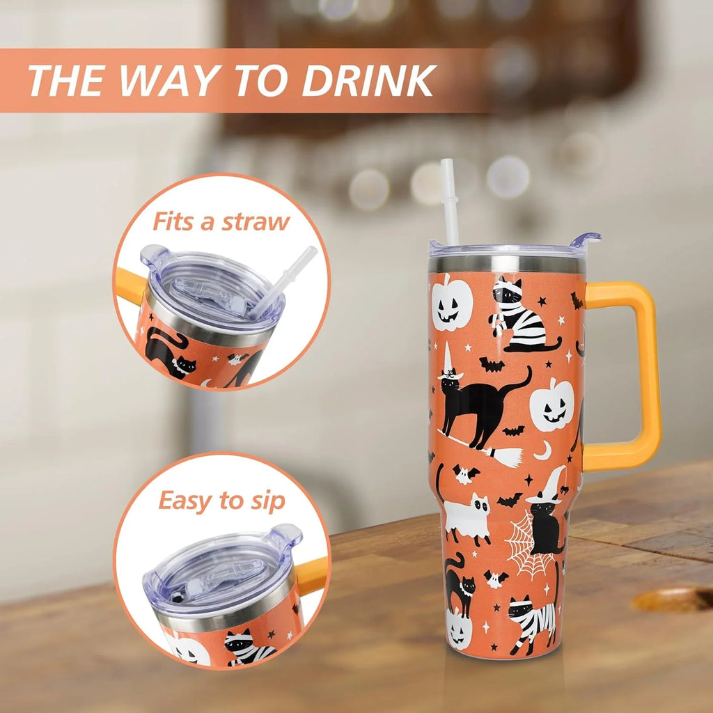 Halloween Cat 40 Oz Tumbler with Handle and Straw, Cute Black Cats Stainless Steel Double Walled Vacuum Insulated Cup, Spooky Holiday Gifts for Women Men