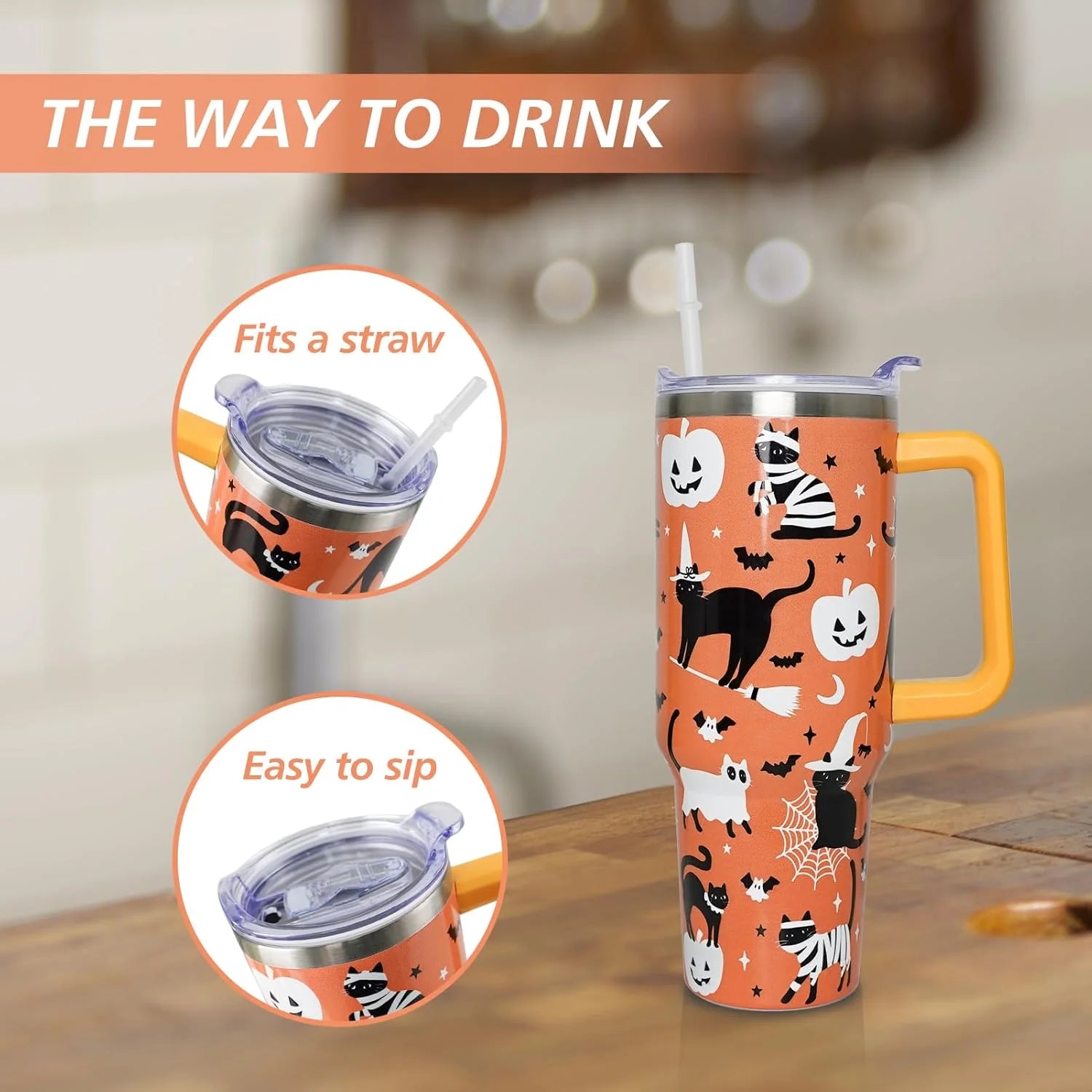 Halloween Cat 40 Oz Tumbler with Handle and Straw, Cute Black Cats Stainless Steel Double Walled Vacuum Insulated Cup, Spooky Holiday Gifts for Women Men