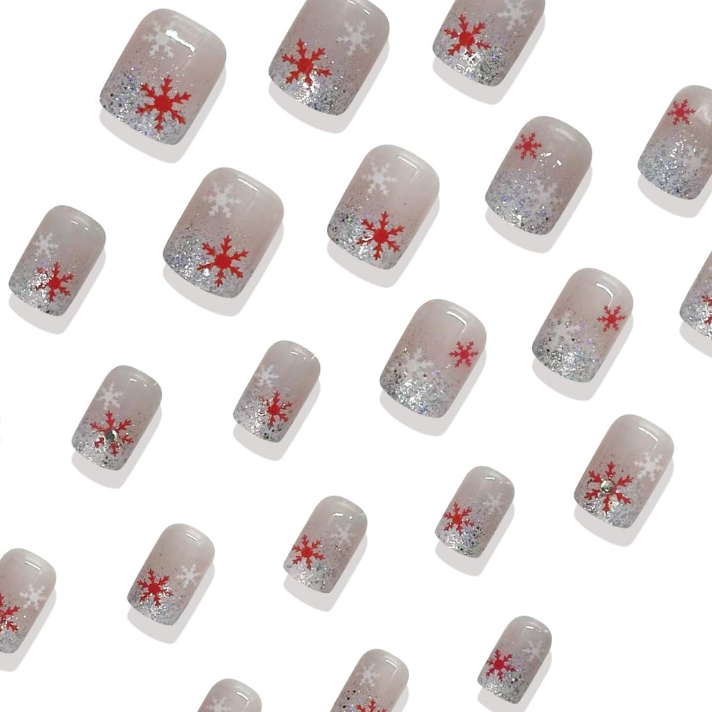 Festive 24Pcs Christmas Press-On Nails Set - Short Square Red & White Snowflake Design with Rhinestones, Glitter French Tips, and Winter Acrylics