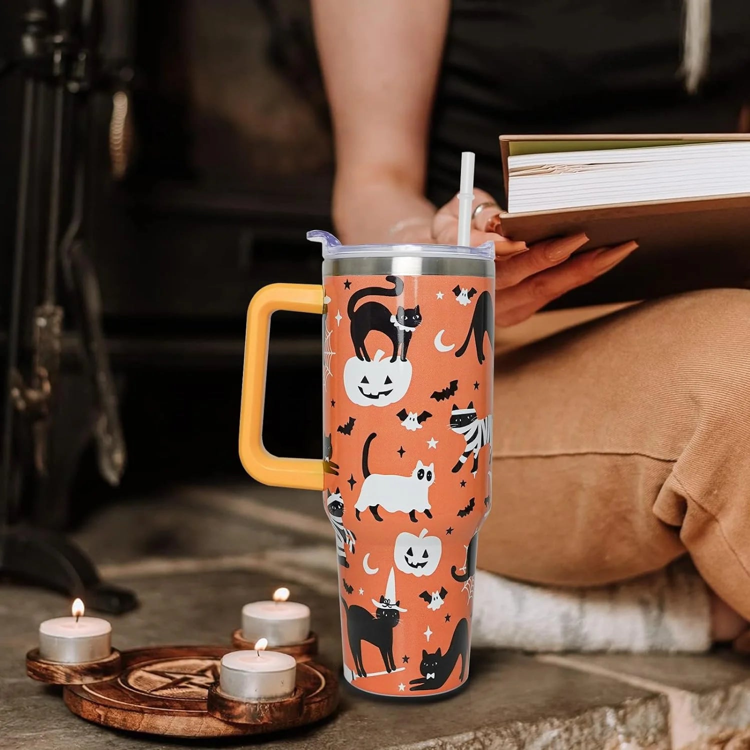 Halloween Cat 40 Oz Tumbler with Handle and Straw, Cute Black Cats Stainless Steel Double Walled Vacuum Insulated Cup, Spooky Holiday Gifts for Women Men