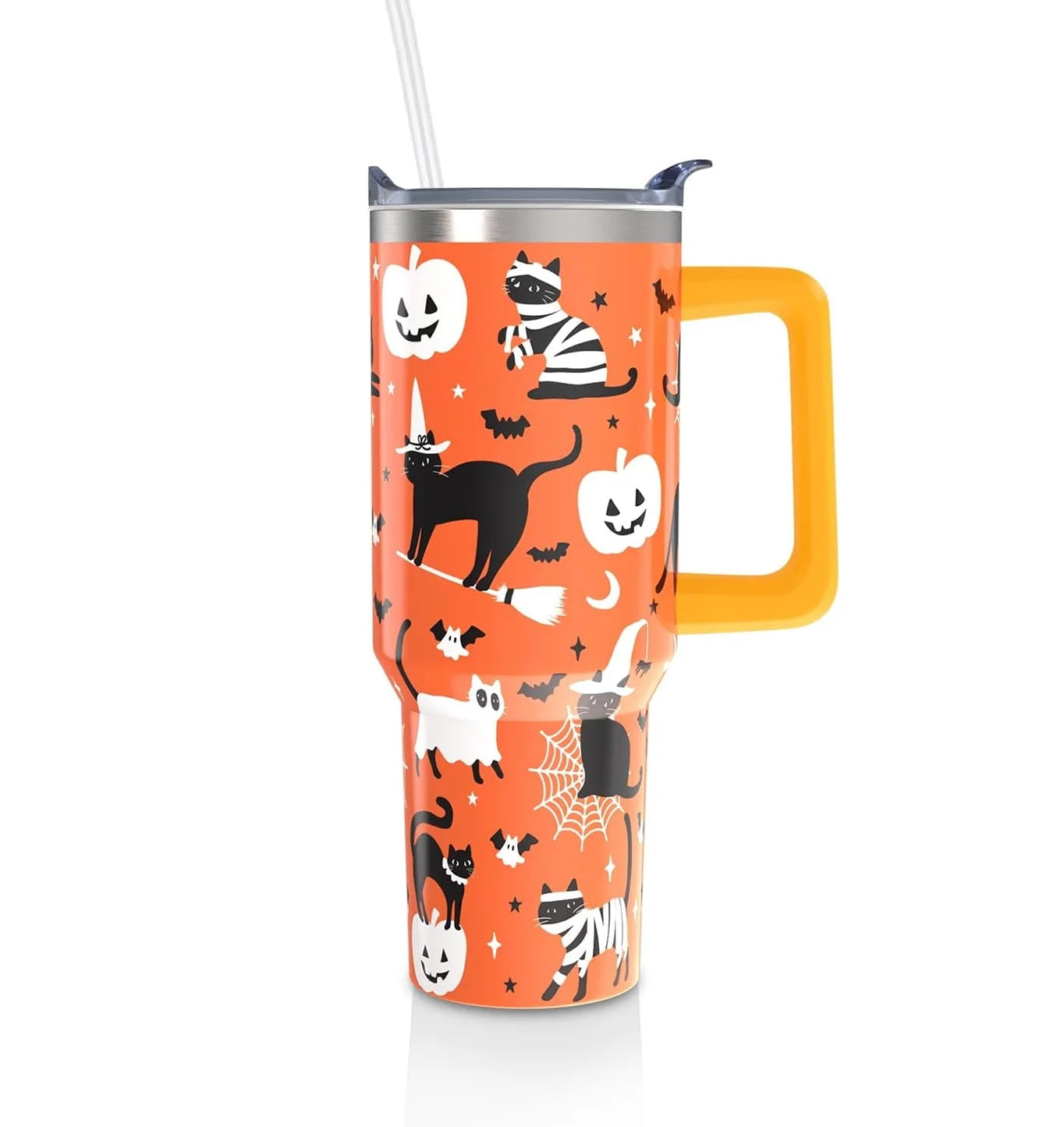 Halloween Cat 40 Oz Tumbler with Handle and Straw, Cute Black Cats Stainless Steel Double Walled Vacuum Insulated Cup, Spooky Holiday Gifts for Women Men