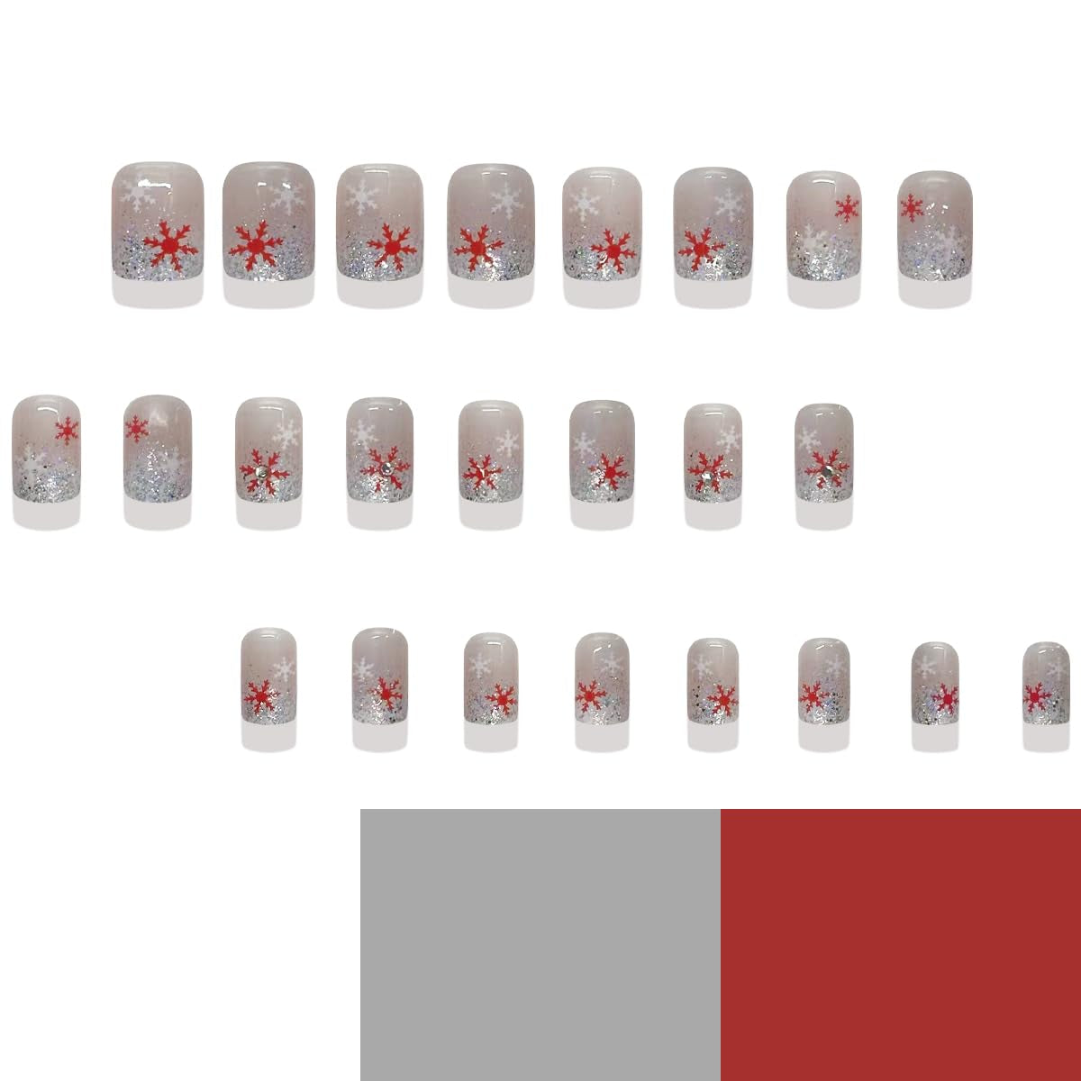 Festive 24Pcs Christmas Press-On Nails Set - Short Square Red & White Snowflake Design with Rhinestones, Glitter French Tips, and Winter Acrylics