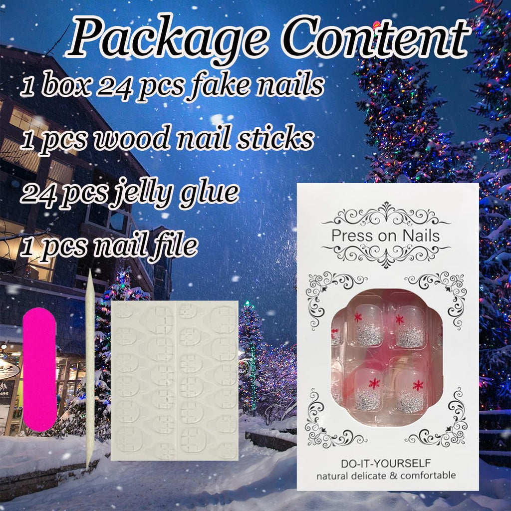 Festive 24Pcs Christmas Press-On Nails Set - Short Square Red & White Snowflake Design with Rhinestones, Glitter French Tips, and Winter Acrylics