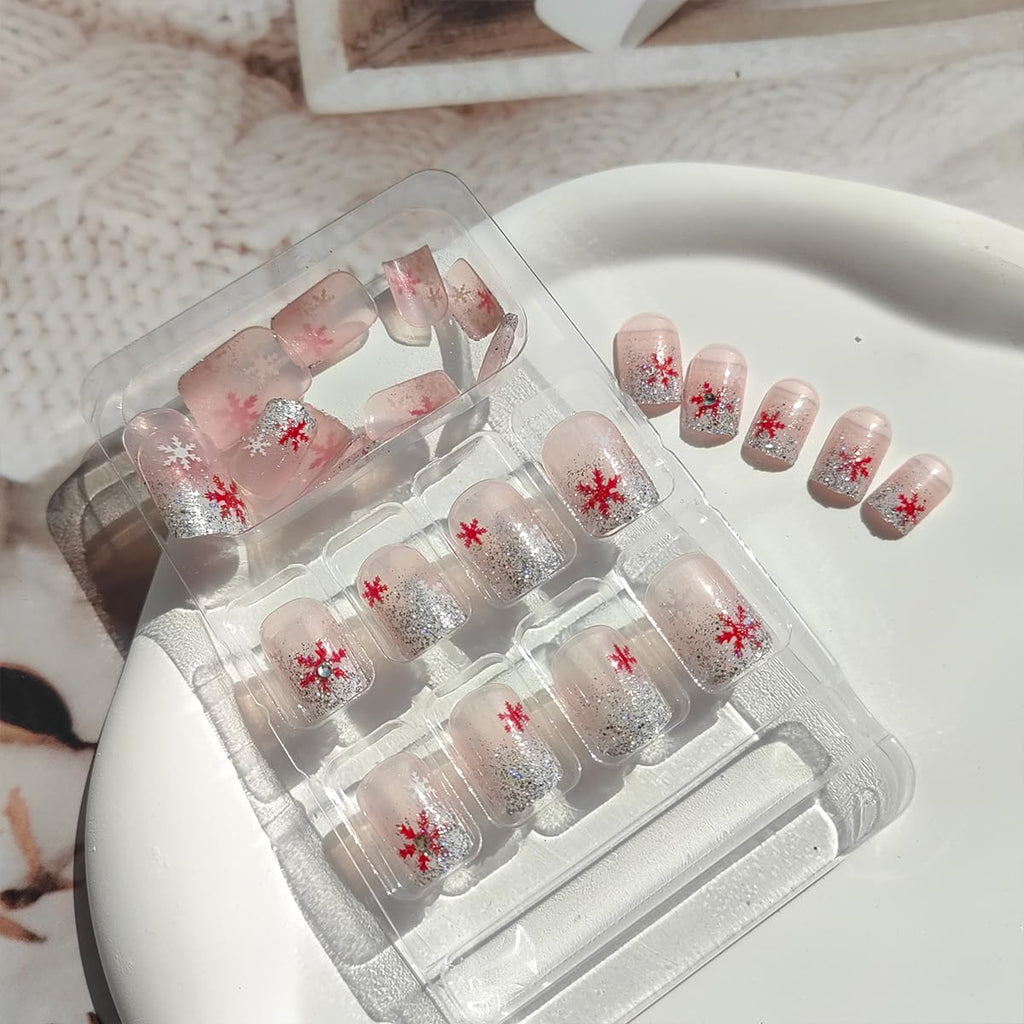 Festive 24Pcs Christmas Press-On Nails Set - Short Square Red & White Snowflake Design with Rhinestones, Glitter French Tips, and Winter Acrylics