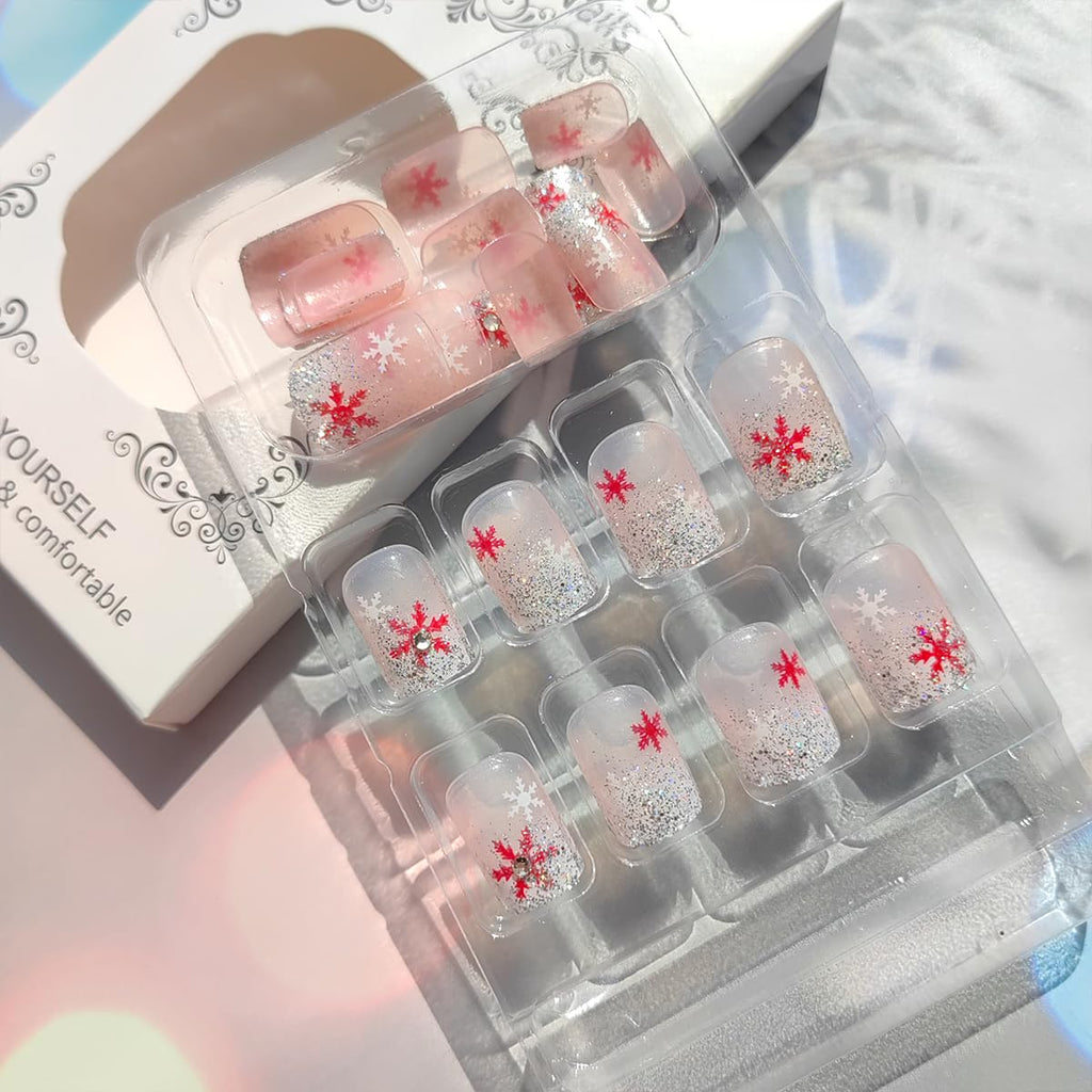 Festive 24Pcs Christmas Press-On Nails Set - Short Square Red & White Snowflake Design with Rhinestones, Glitter French Tips, and Winter Acrylics